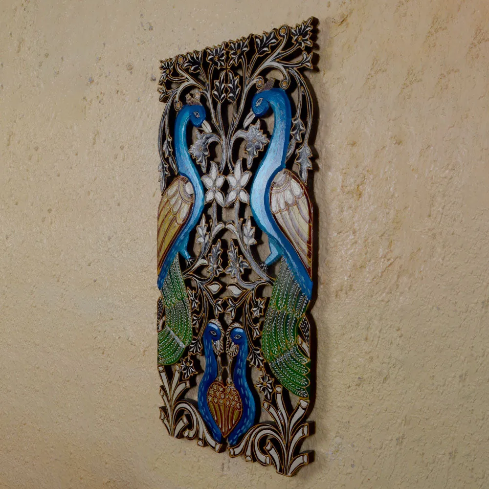 Blue Peacock Designer Painted Long Wooden Wall Panel