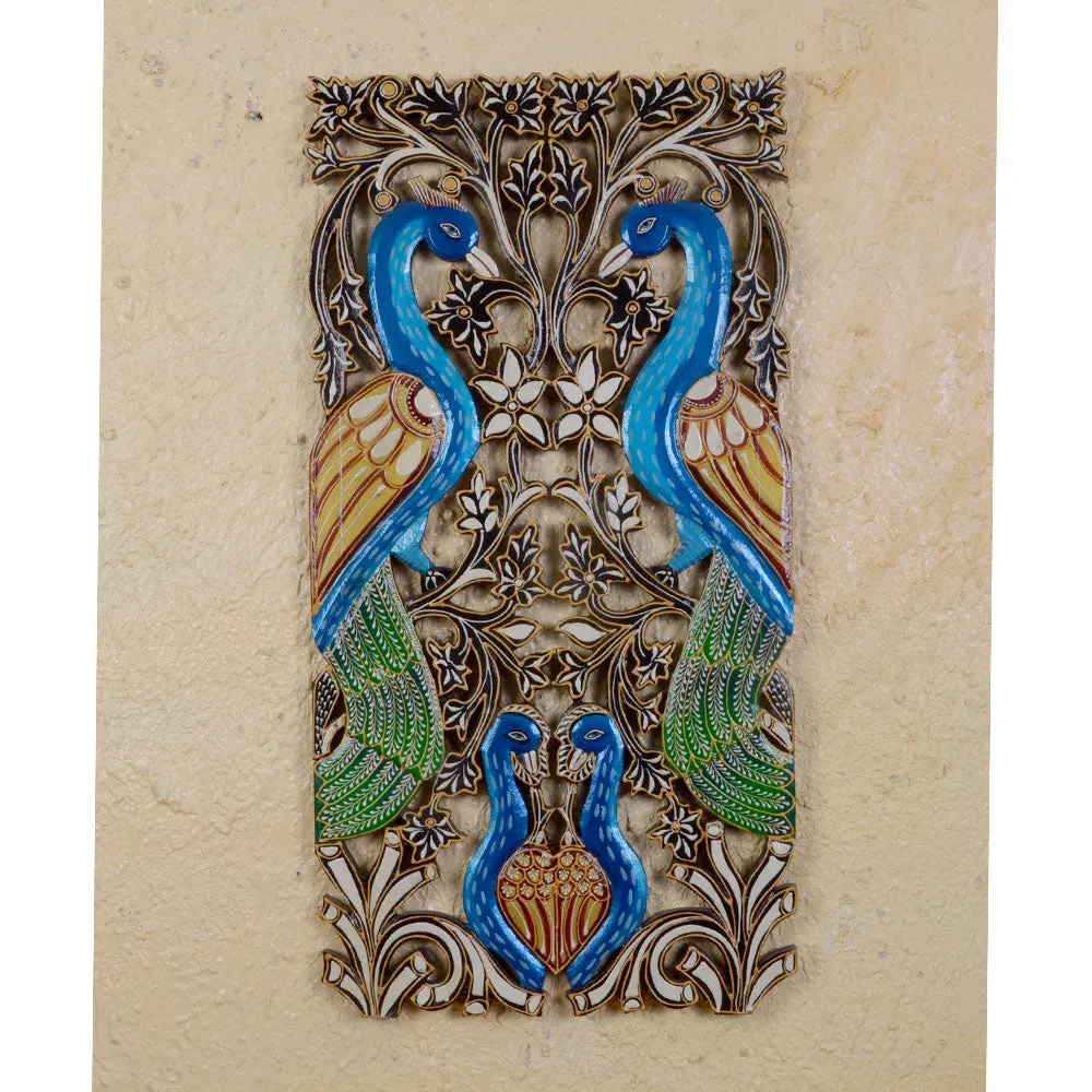 Blue Peacock Designer Painted Long Wooden Wall Panel