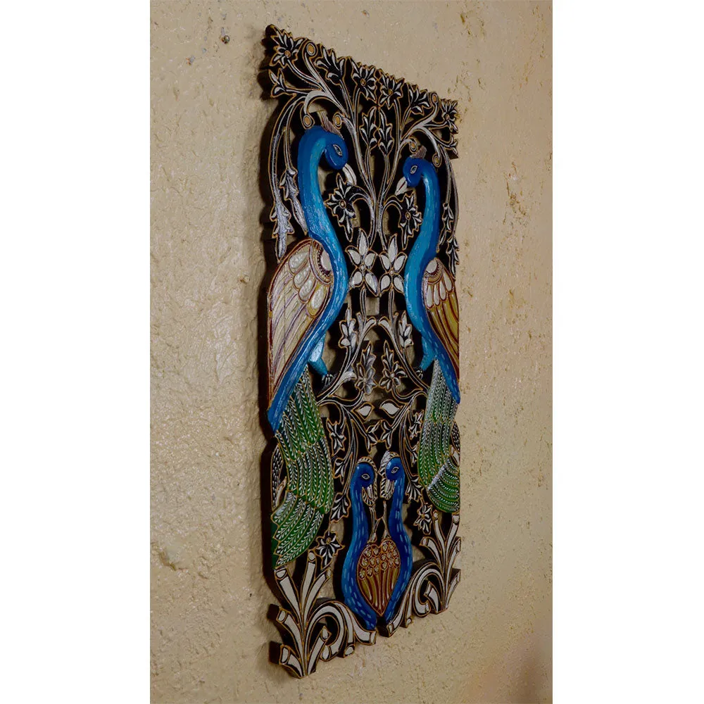Blue Peacock Designer Painted Long Wooden Wall Panel