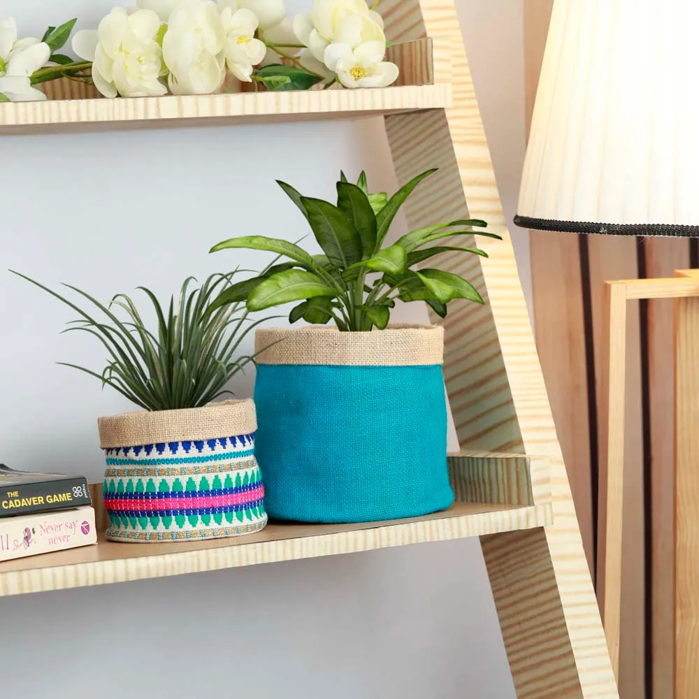 Blue Printed Designer Cotton & Jute Planters Set Of 2
