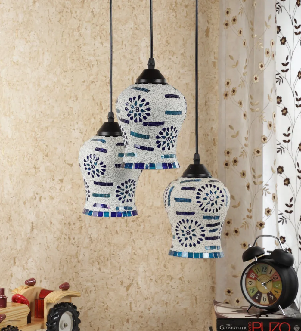 Blue & Purple Glass Embeded Mosaic Cluster Hanging Light