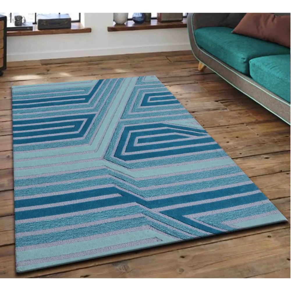 Blue Striking Geometric Patterned Tufted Area Carpet 3X5ft