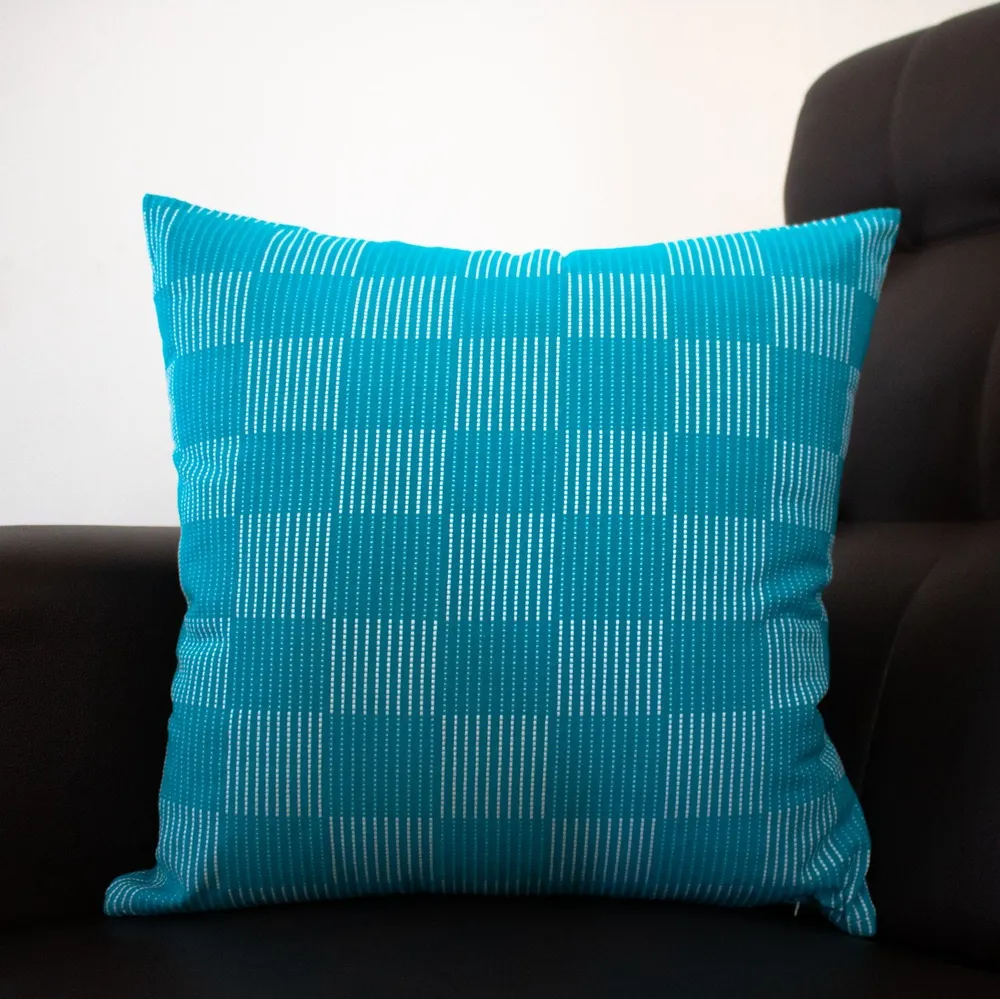 Blue Stripe Checkered Woven Cushion Cover