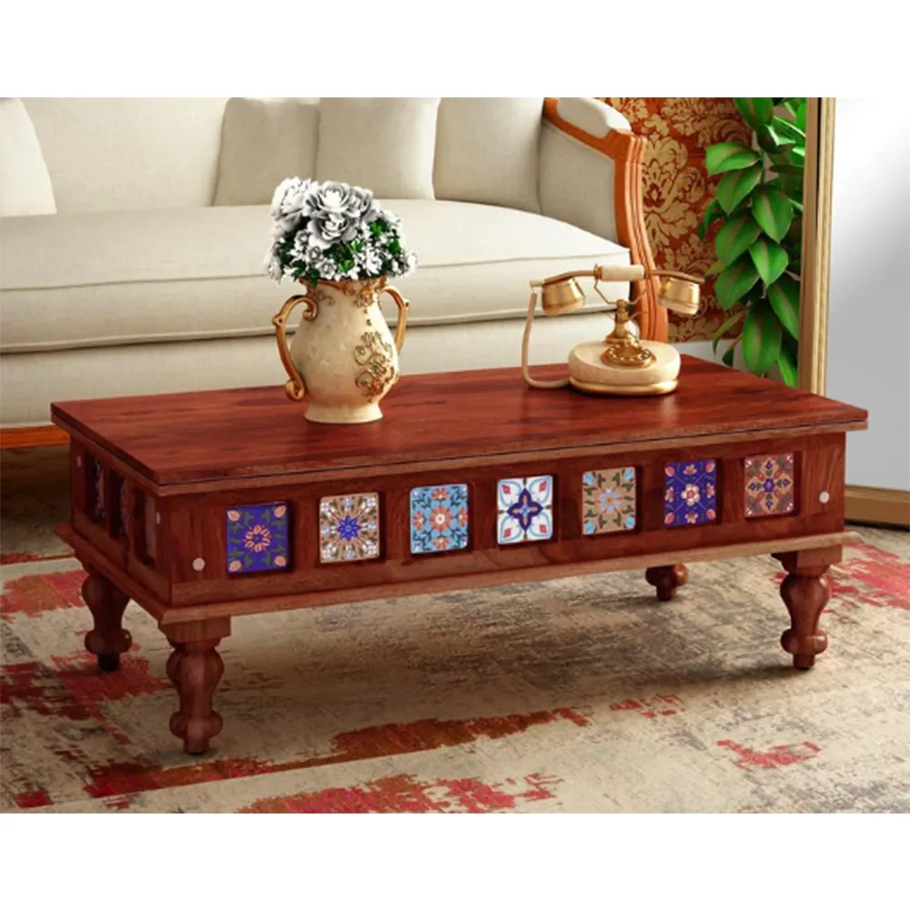 Blue Traditional Blocks Designer Sheesham Wood Centre Table