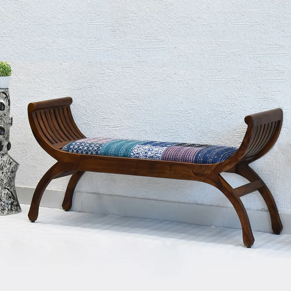 Blue Traditional Kantha Gudri Patchwork Natural Brown Wooden Two Seater Sofa