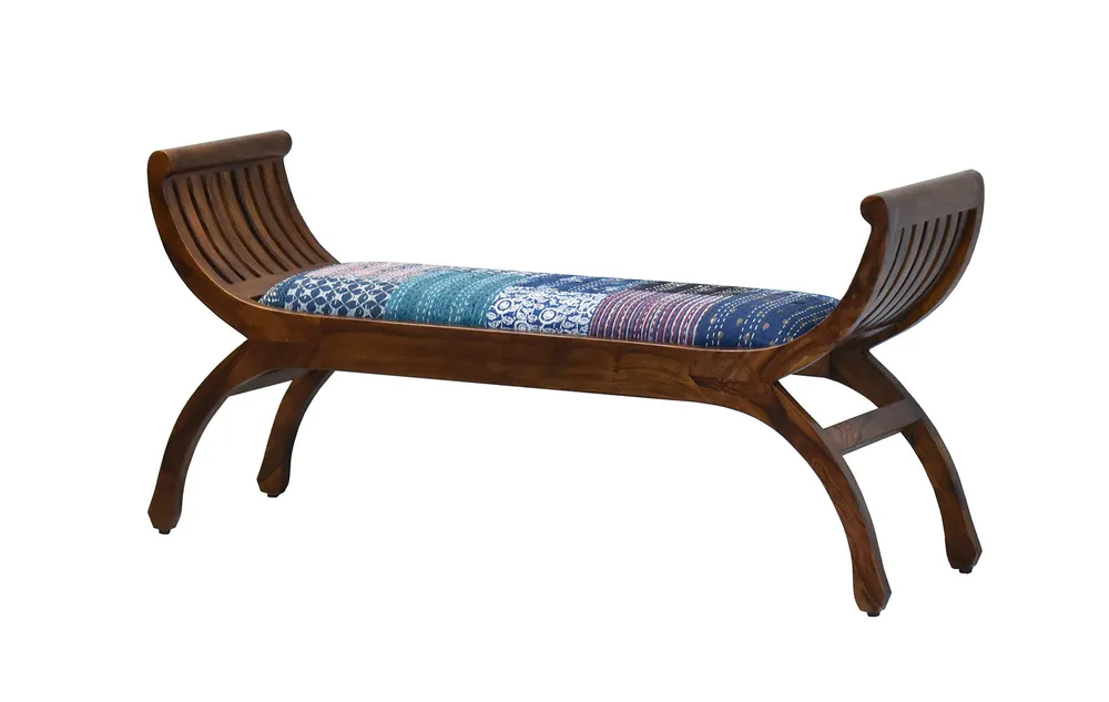 Blue Traditional Kantha Gudri Patchwork Natural Brown Wooden Two Seater Sofa