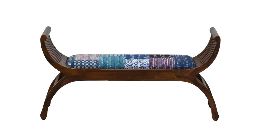 Blue Traditional Kantha Gudri Patchwork Natural Brown Wooden Two Seater Sofa