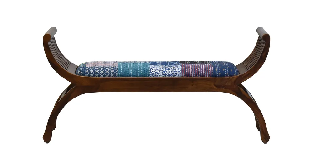 Blue Traditional Kantha Gudri Patchwork Natural Brown Wooden Two Seater Sofa