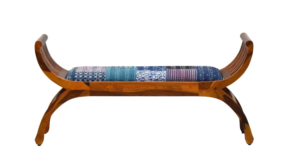 Blue Traditional Kantha Gudri Patchwork Yellow Brown Wooden Two Seater Sofa