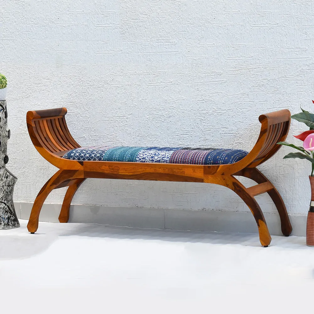 Blue Traditional Kantha Gudri Patchwork Yellow Brown Wooden Two Seater Sofa