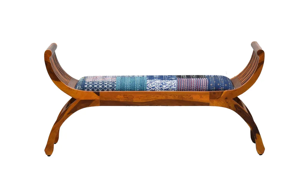 Blue Traditional Kantha Gudri Patchwork Yellow Brown Wooden Two Seater Sofa