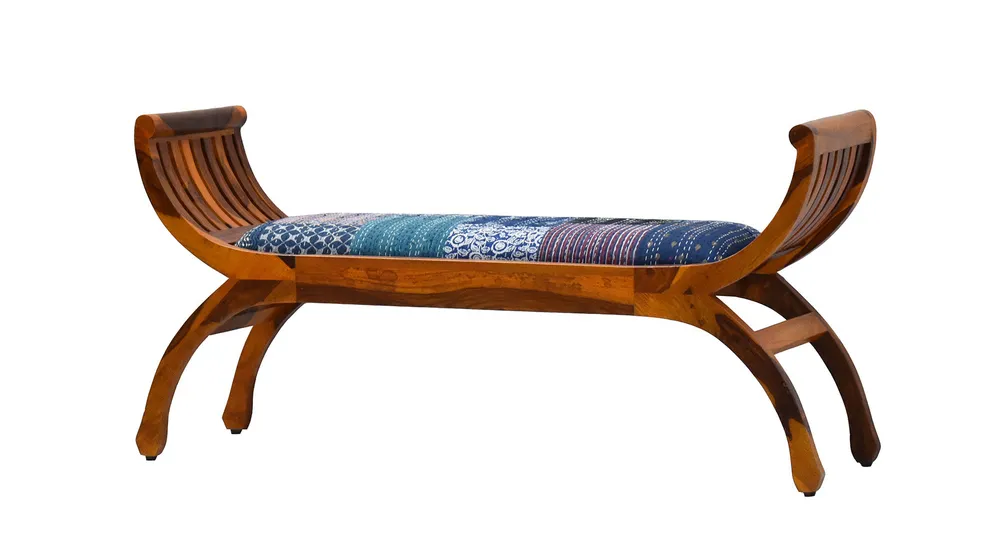 Blue Traditional Kantha Gudri Patchwork Yellow Brown Wooden Two Seater Sofa