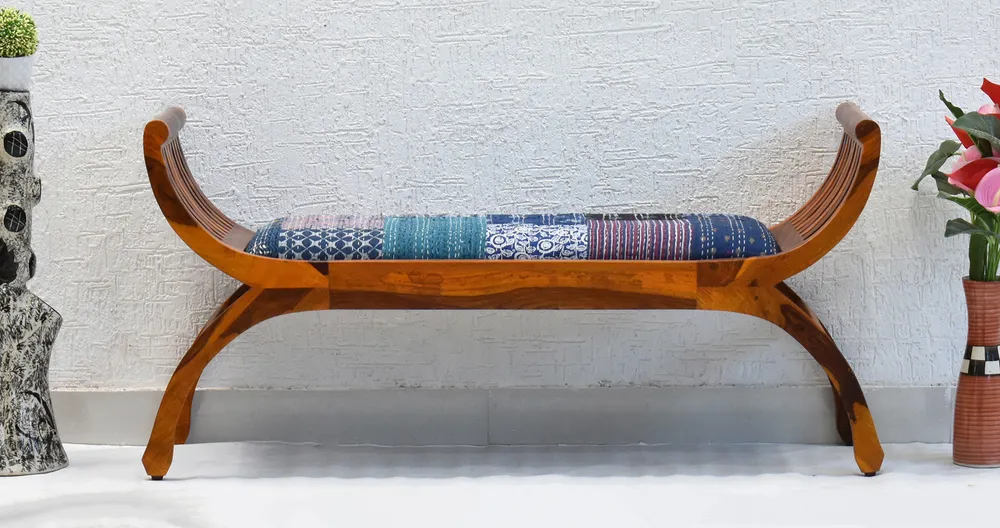 Blue Traditional Kantha Gudri Patchwork Yellow Brown Wooden Two Seater Sofa