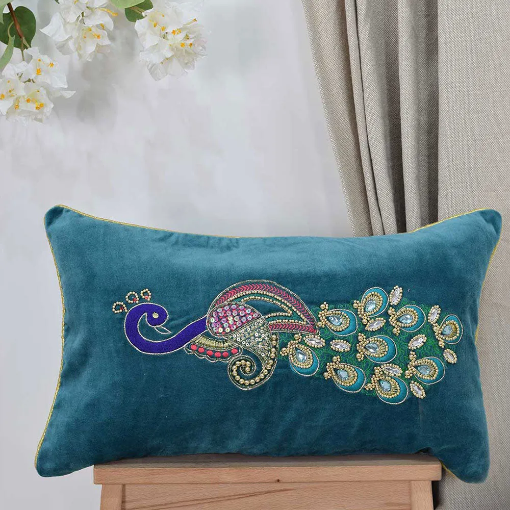 Blue Velvet Beaded zariwork Peacock Cushion Cover Set Of 1