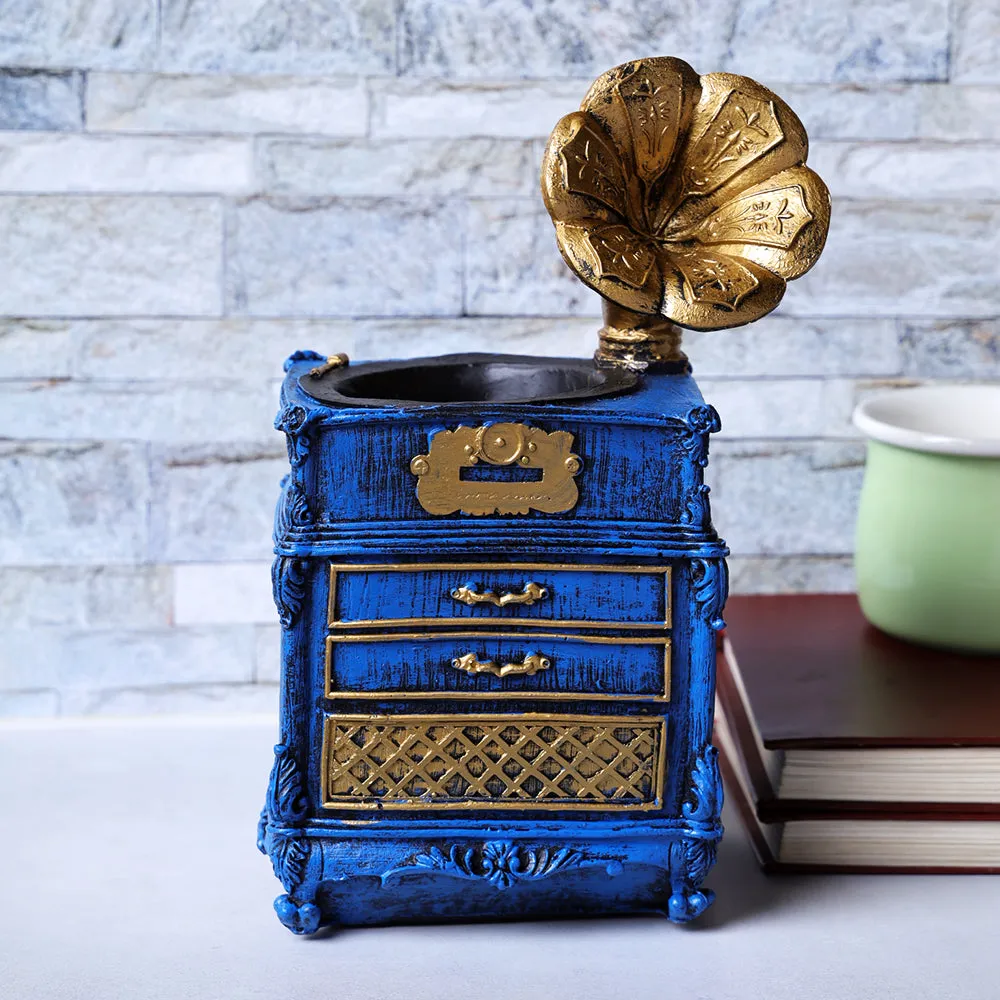 Blue Vintage Gramophone Designer Organizer Cum Table Accent