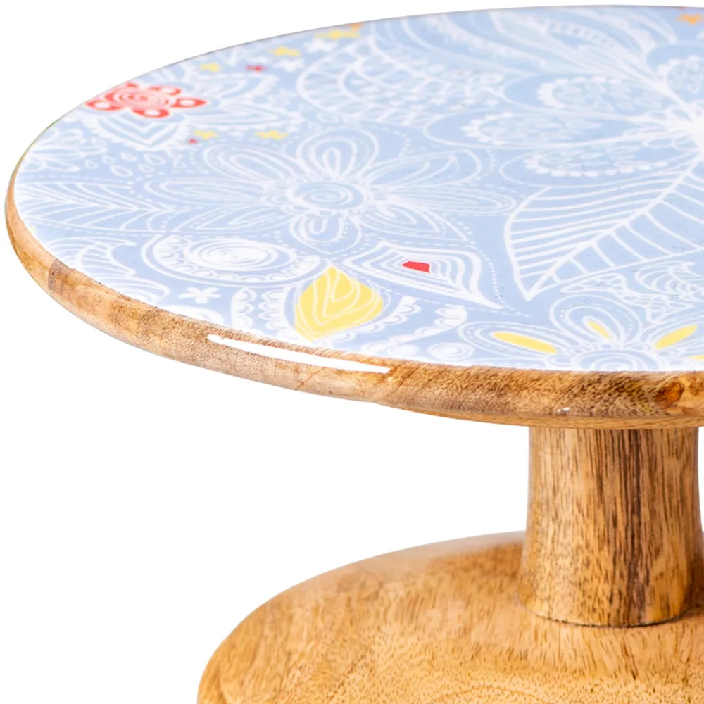 Blue Vintage Printed Textured Wooden Cake Stand