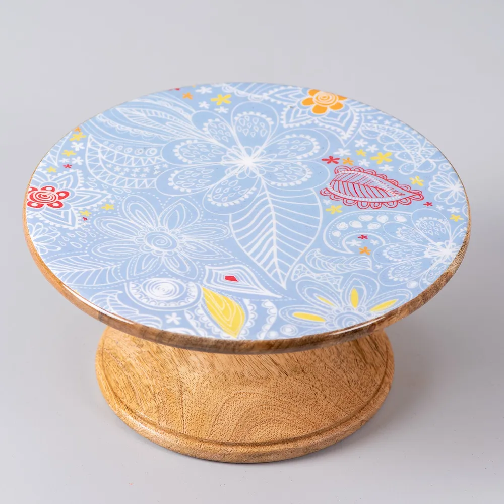 Blue Vintage Printed Textured Wooden Cake Stand
