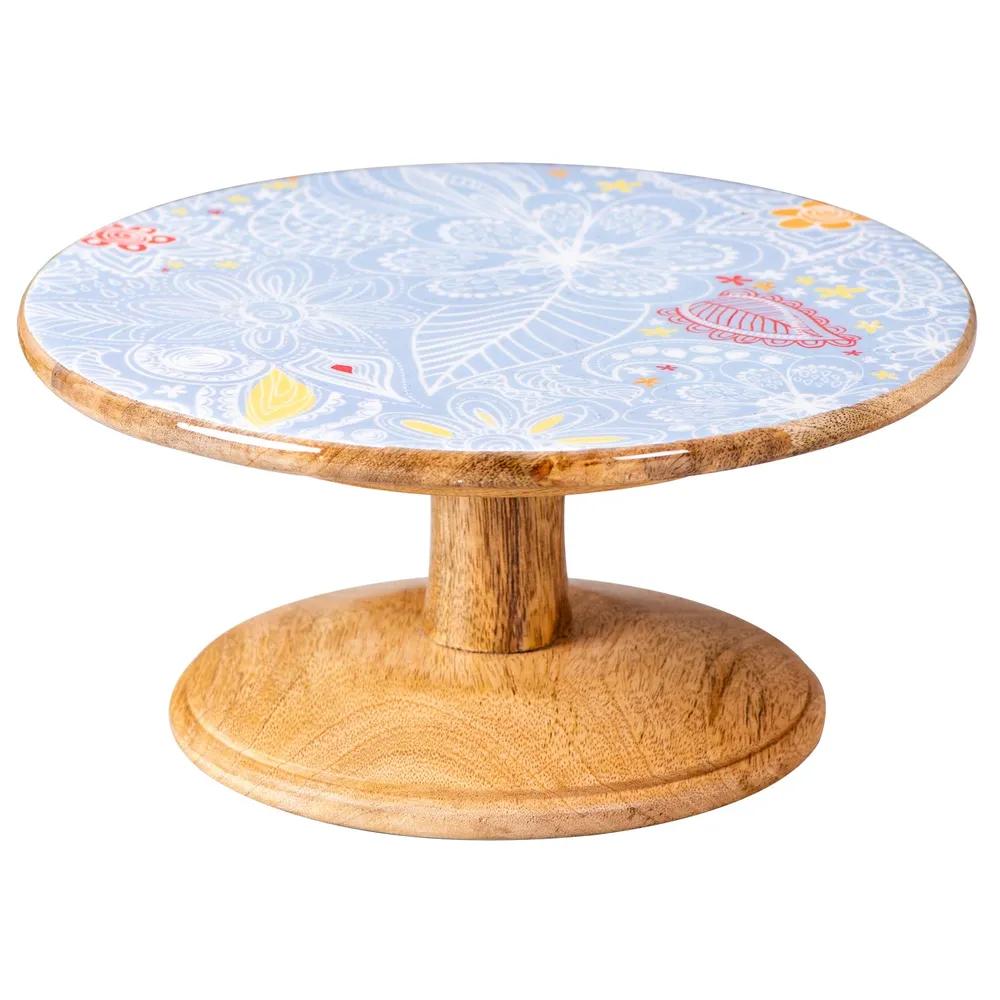 Blue Vintage Printed Textured Wooden Cake Stand