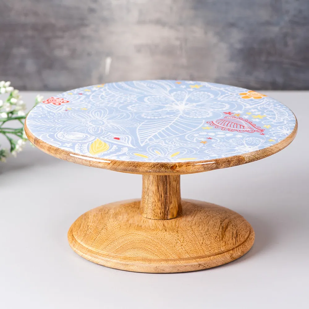 Blue Vintage Printed Textured Wooden Cake Stand