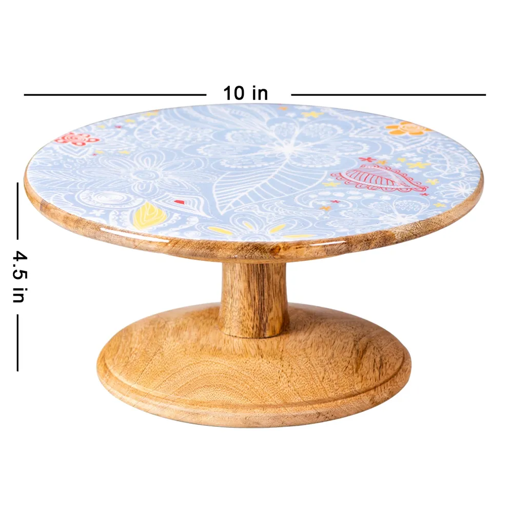 Blue Vintage Printed Textured Wooden Cake Stand