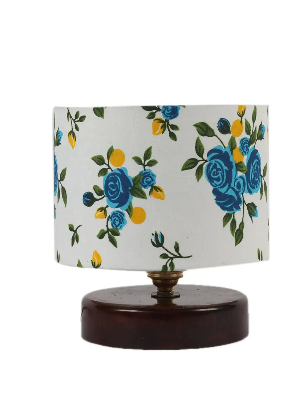Blue & White Floral Print Table Lamp with Brown Wood Base