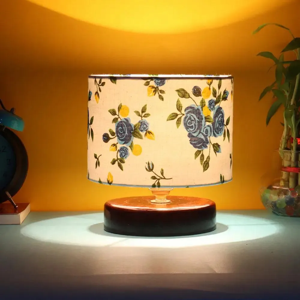 Blue & White Floral Print Table Lamp with Brown Wood Base