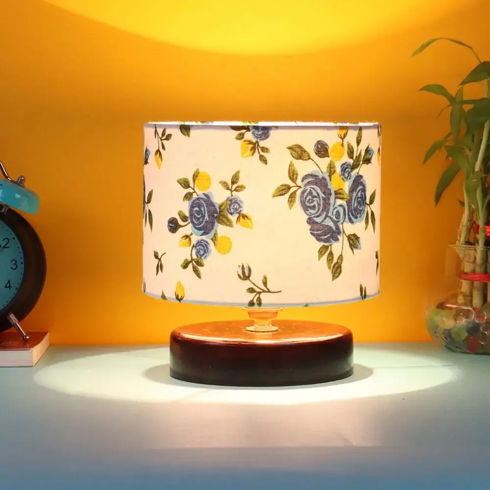Blue & White Floral Print Table Lamp with Brown Wood Base