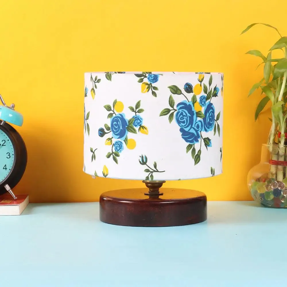 Blue & White Floral Print Table Lamp with Brown Wood Base
