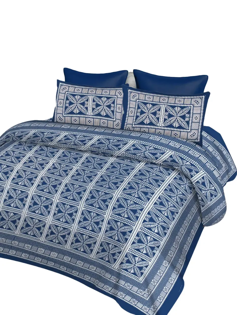 Blue & White Traditional Print 144 TC Cotton Double Bedsheet with Pillow Covers