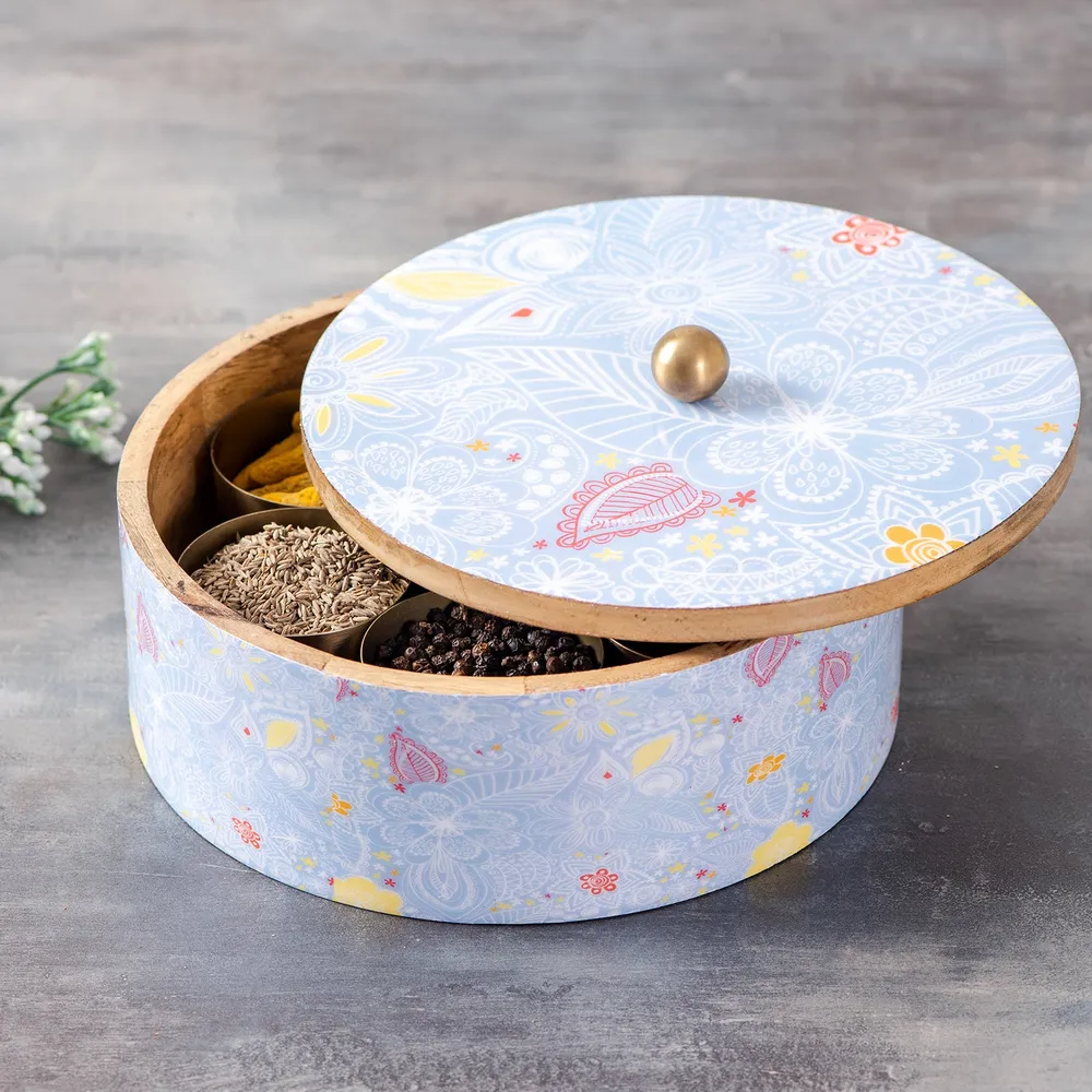 Blue Wood & Stainless Steel Jars Masala/ Spice Box