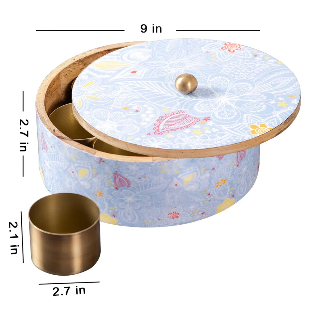 Blue Wood & Stainless Steel Jars Masala/ Spice Box