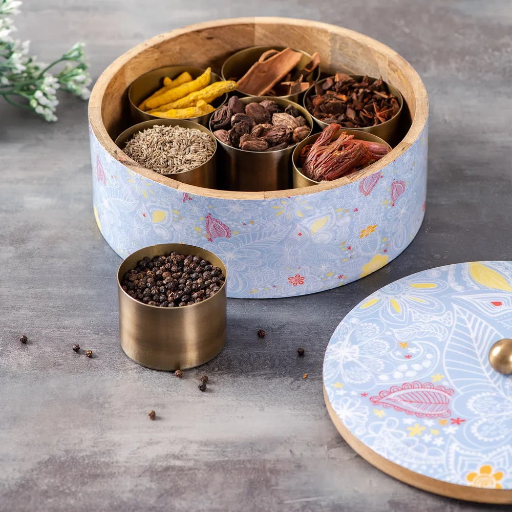 Blue Wood & Stainless Steel Jars Masala/ Spice Box