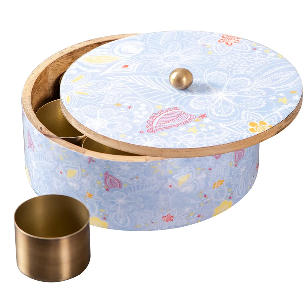 Blue Wood & Stainless Steel Jars Masala/ Spice Box
