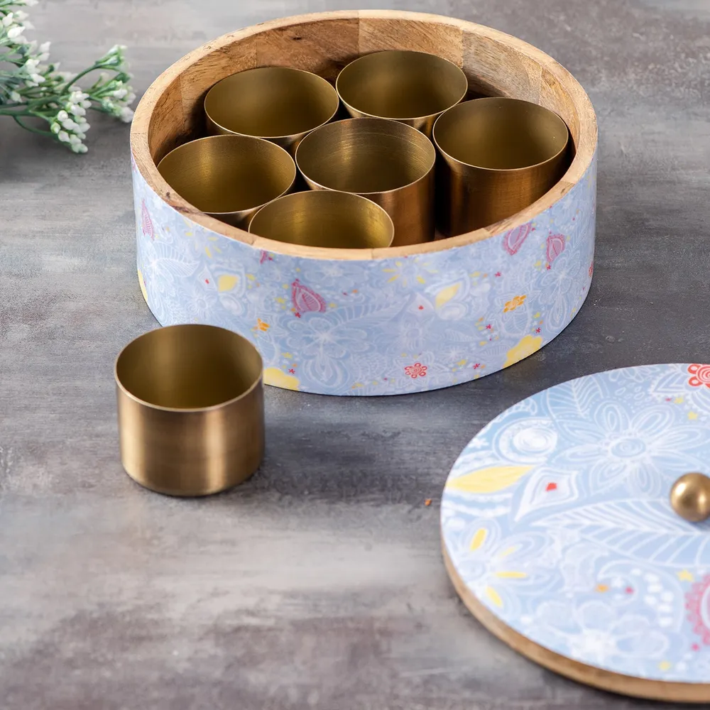 Blue Wood & Stainless Steel Jars Masala/ Spice Box