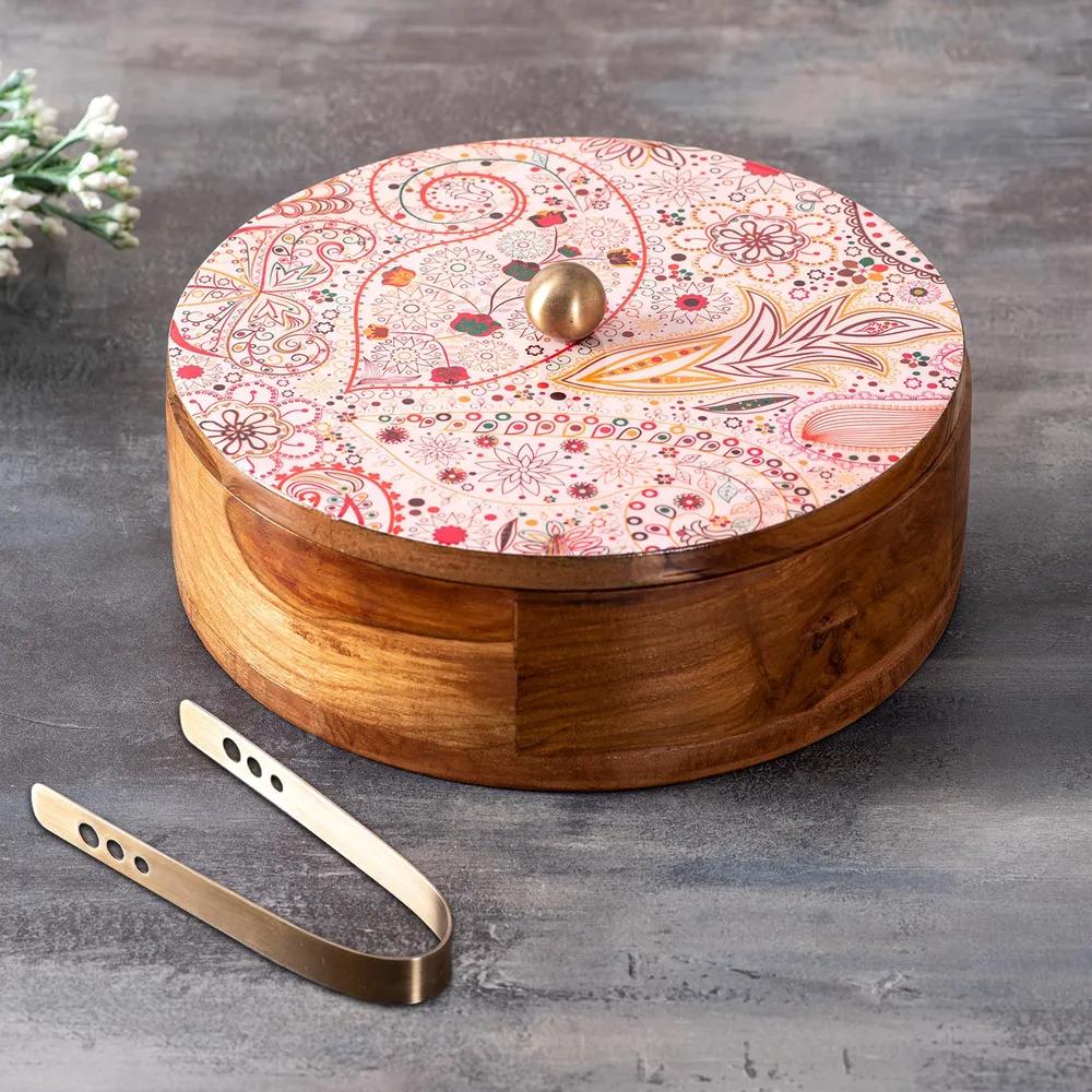 Blue Wooden With Enamel Casserole/Chapatti Box With Tong