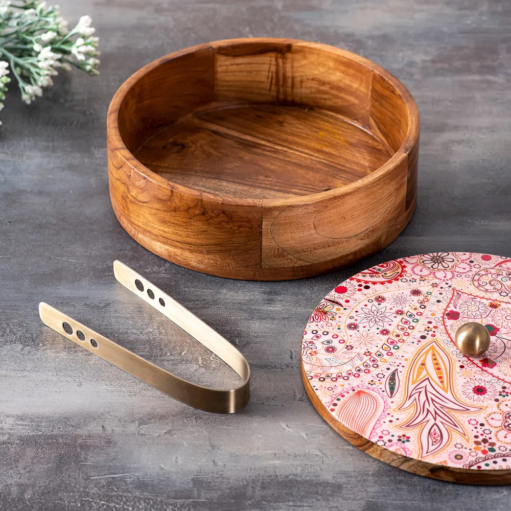 Blue Wooden With Enamel Casserole/Chapatti Box With Tong