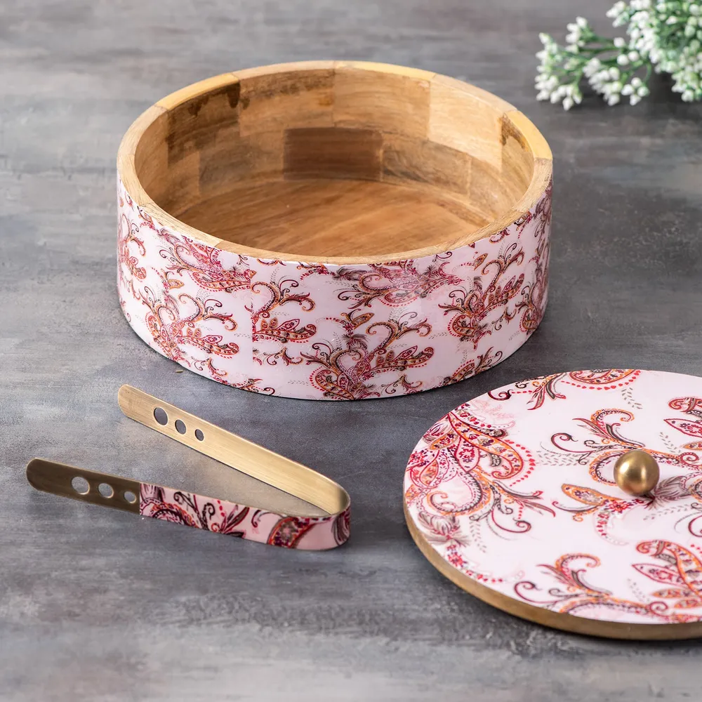 Blue Wooden With Enamel Casserole/Chapatti Box With Tong