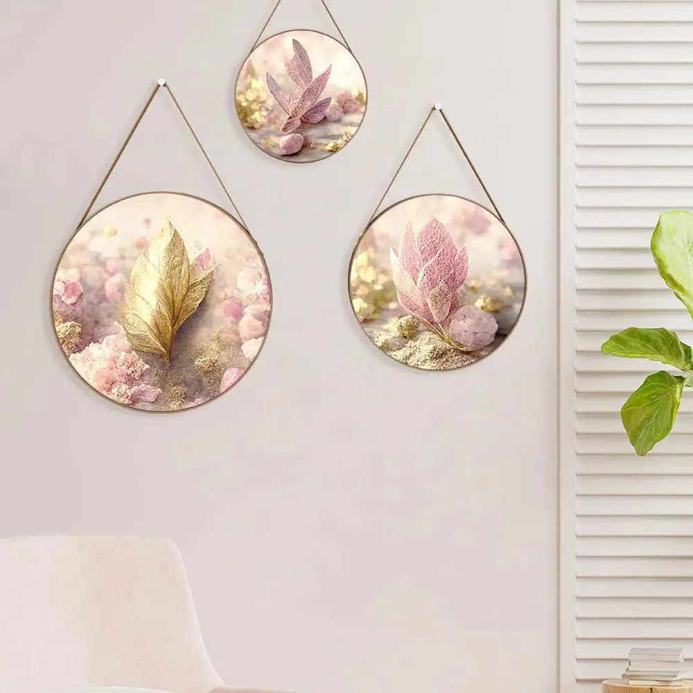 Blush Pink Leaves Round Framed Wall Art Set of 3