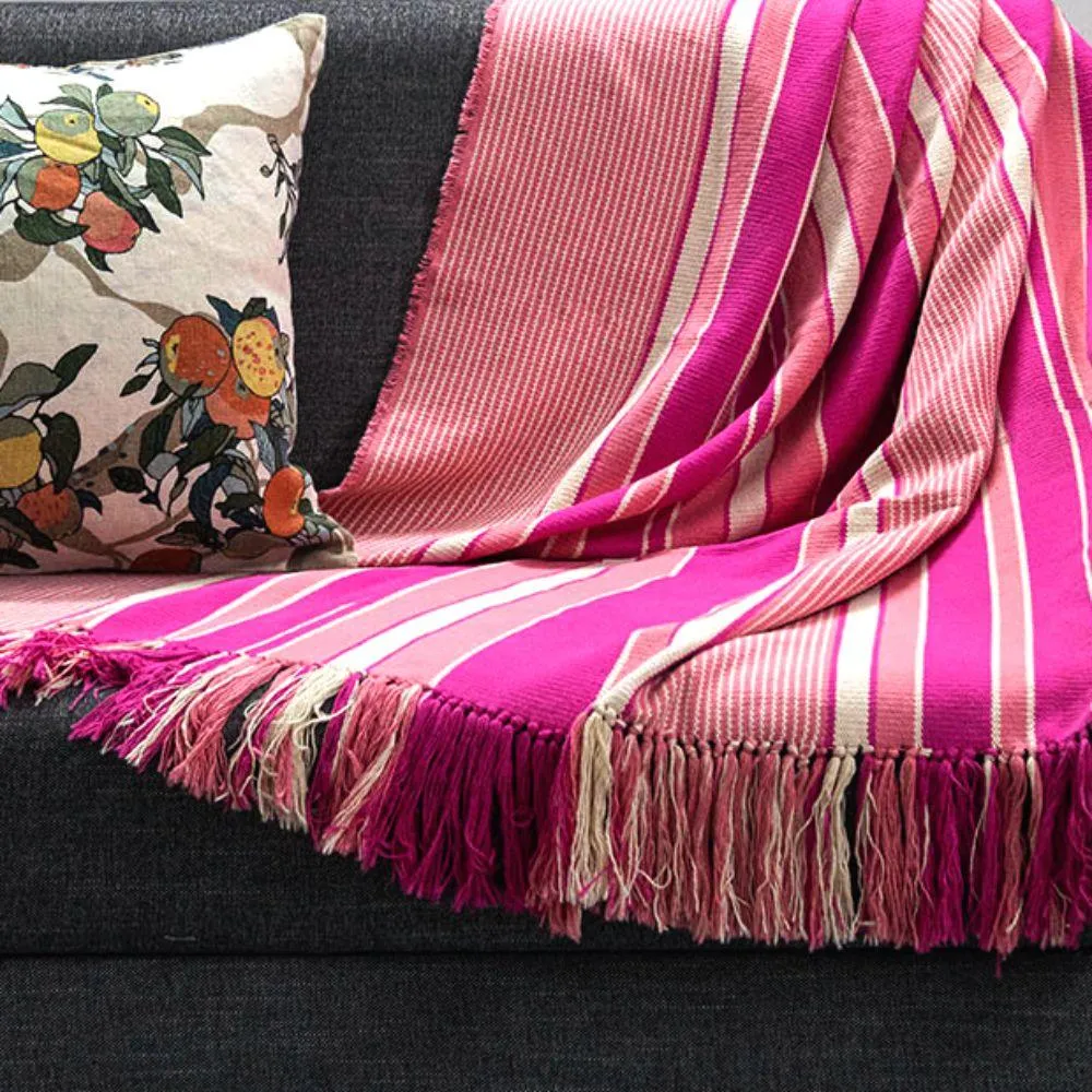 Blush Pink Self Fringed Cotton Blanket Throw