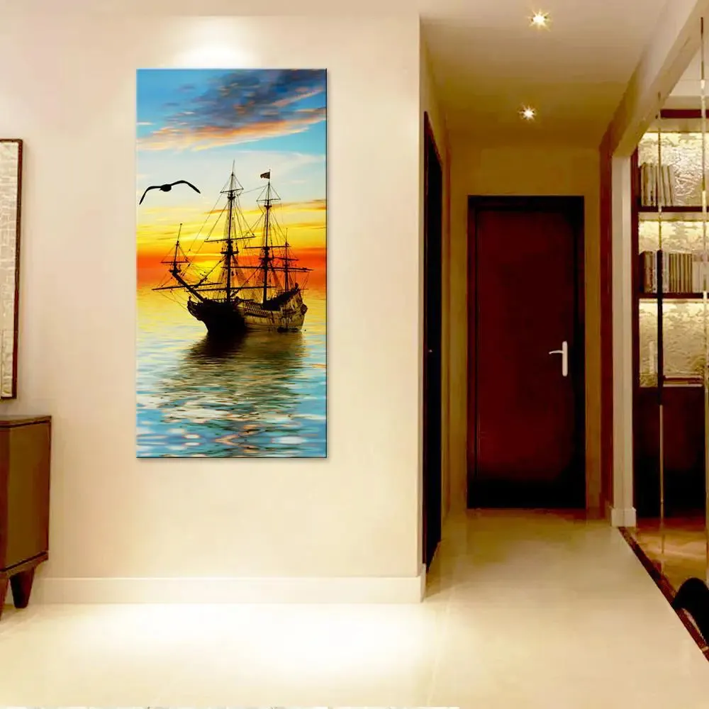 Boat in Sunrise Canvas Printed Wall Painting With Frame