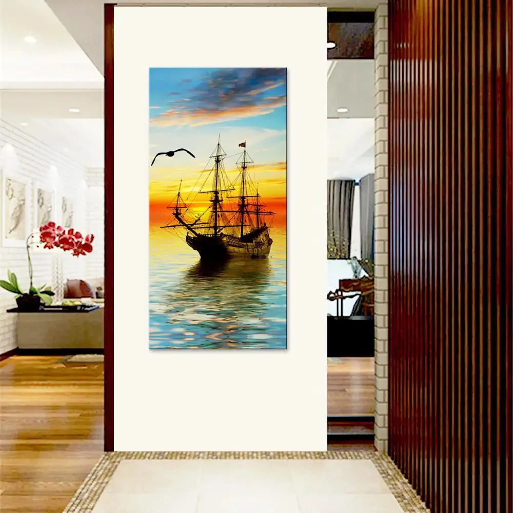 Boat in Sunrise Canvas Printed Wall Painting With Frame