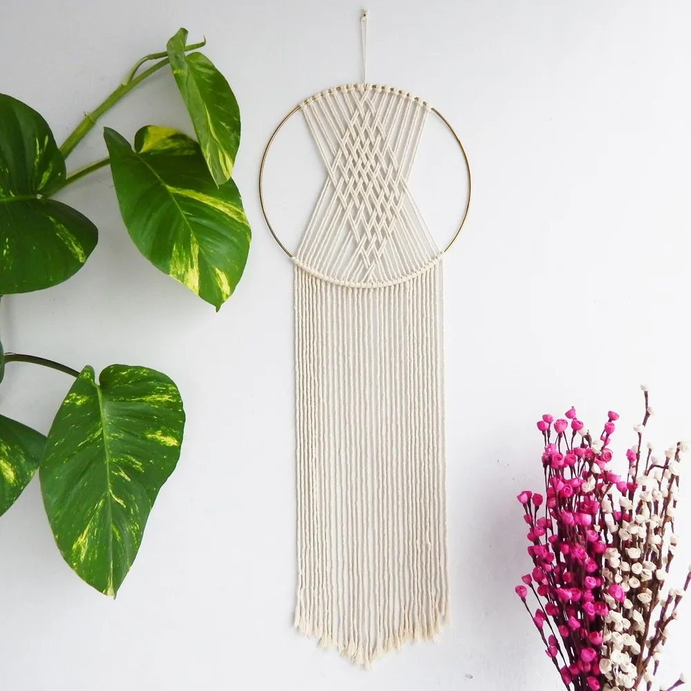 Bohemian Beige Interlaced Macrame Dreamcatcher With Golden Ring