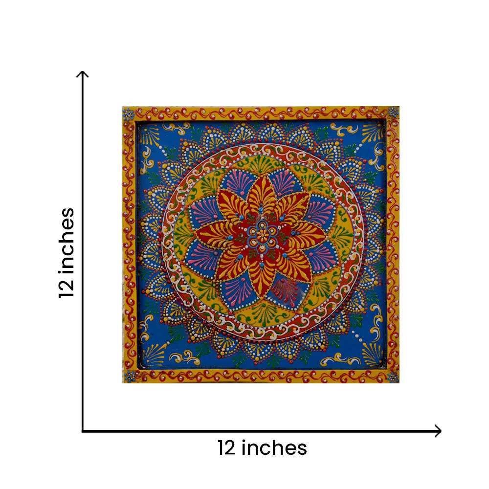 Bohemian Blue & Yellow Mandala Painted Wooden Wall Panel