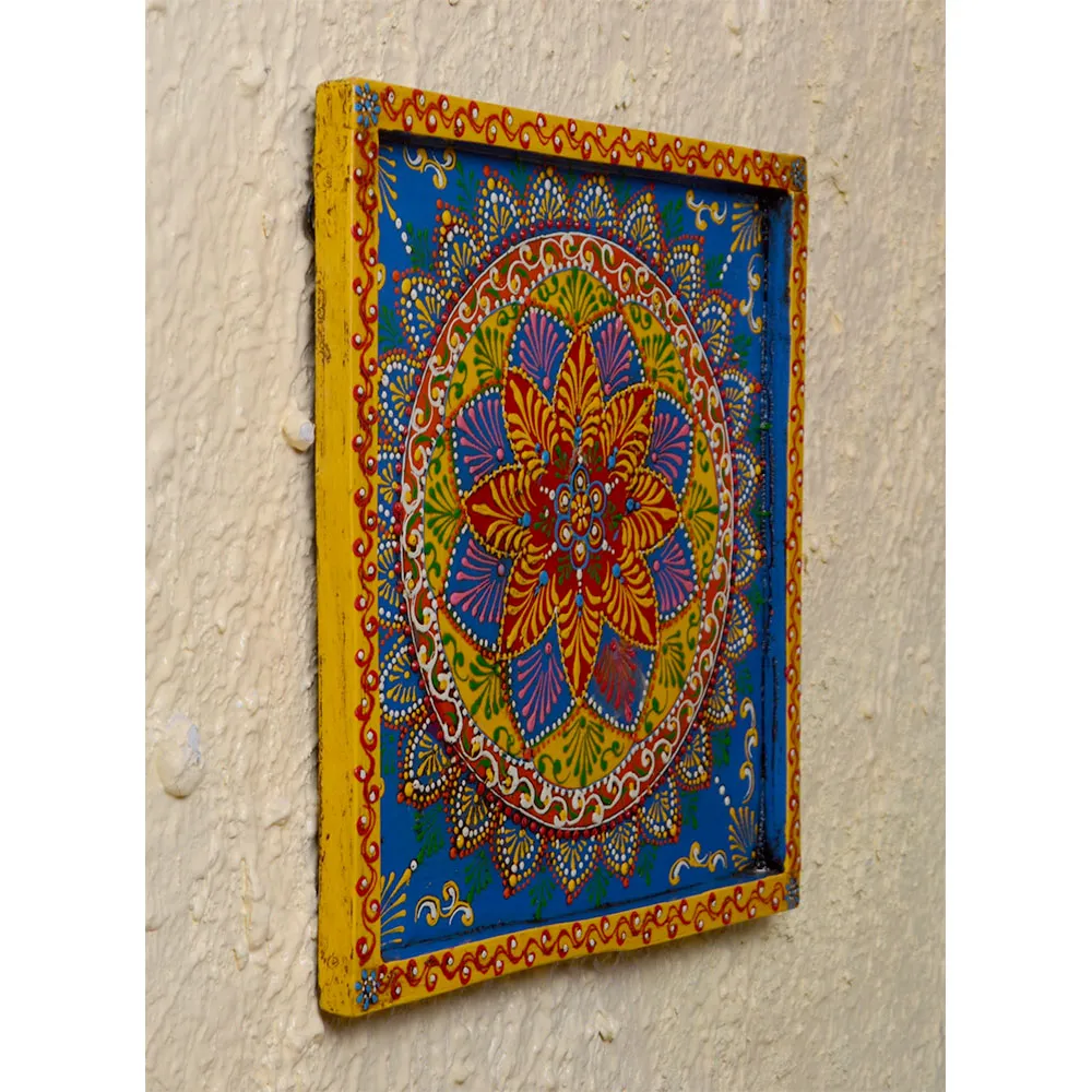 Bohemian Blue & Yellow Mandala Painted Wooden Wall Panel