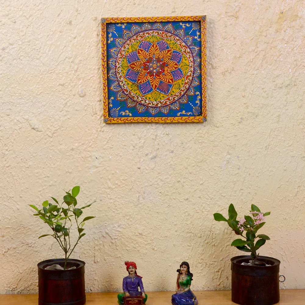 Bohemian Blue & Yellow Mandala Painted Wooden Wall Panel
