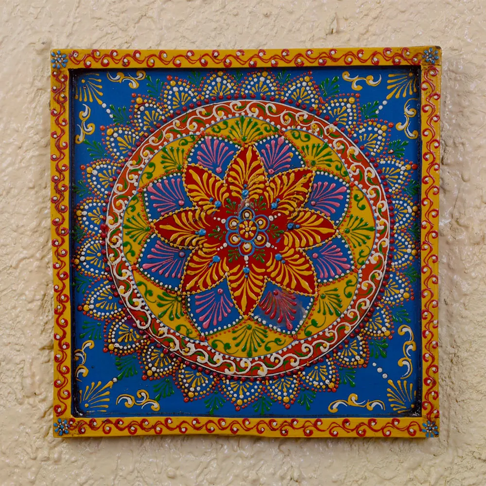 Bohemian Blue & Yellow Mandala Painted Wooden Wall Panel