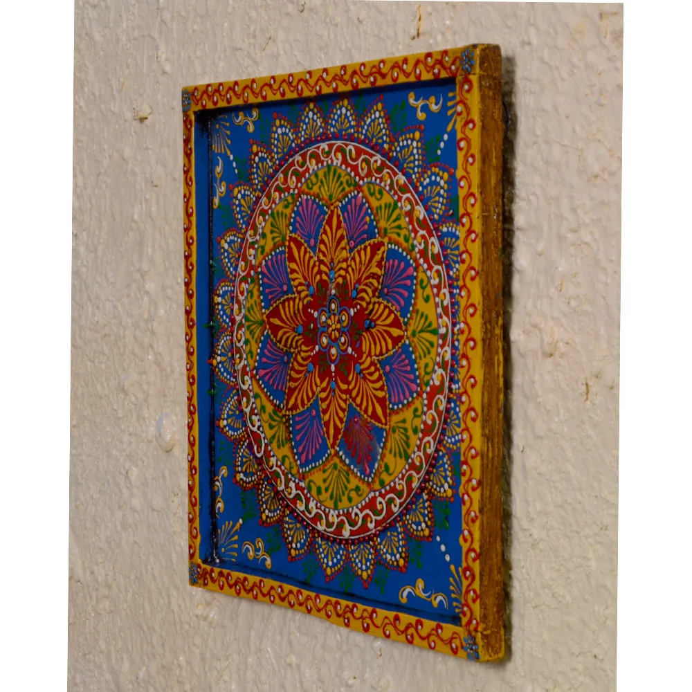 Bohemian Blue & Yellow Mandala Painted Wooden Wall Panel