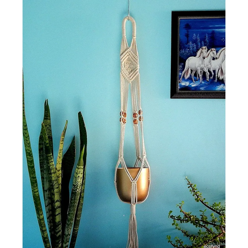Bohemian Designer Beaded Cotton Planter Hanger with Metal Pot