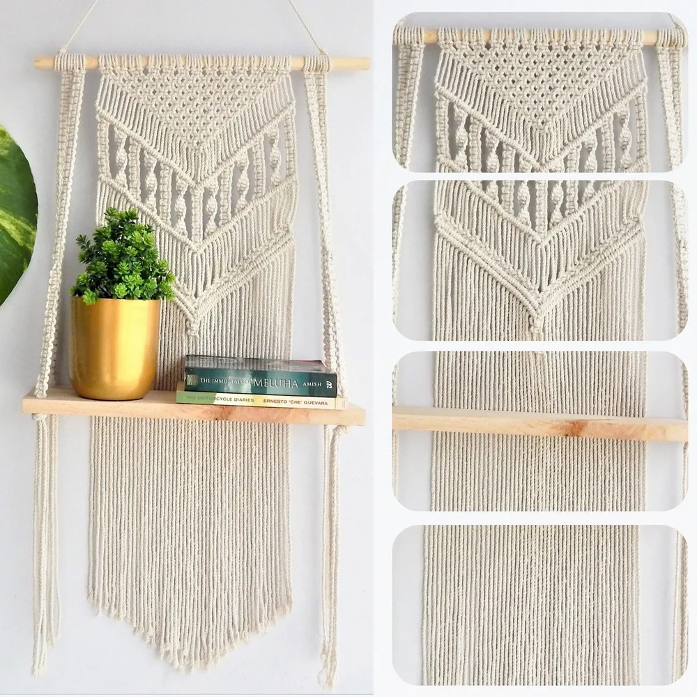 Bohemian Designer Finged Macrame Wall Hanging Shelf