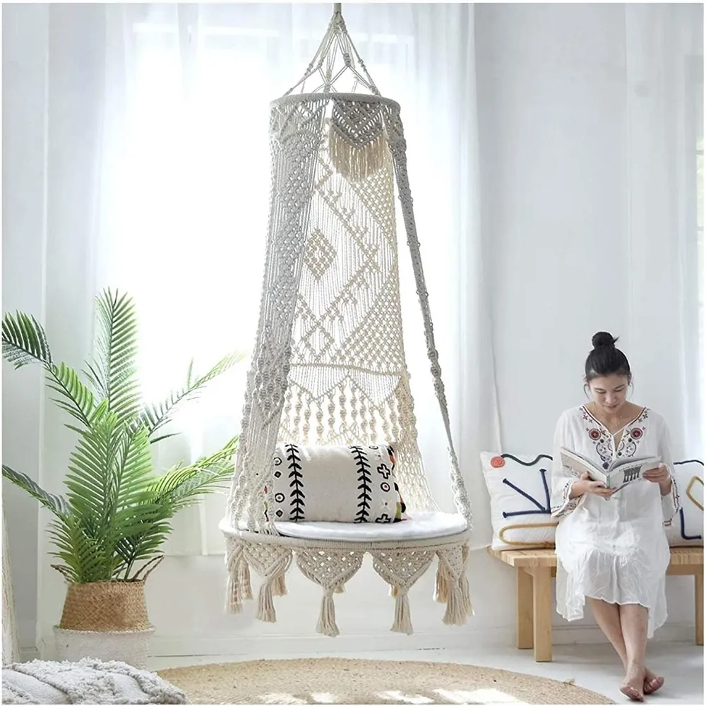 Boho-inspired Durable Knotted Macrame Swing Hammock